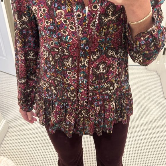 Maeve Anthropologie Burgundy Multicolor Floral Ruffle Hem Blouse Women Sz 4 - Picture 3 of 9